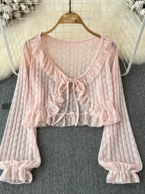 Apricot Lace V-Neck Cropped Cardigan