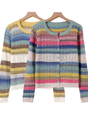 Rainbow Striped V-Neck Knit Cardigan