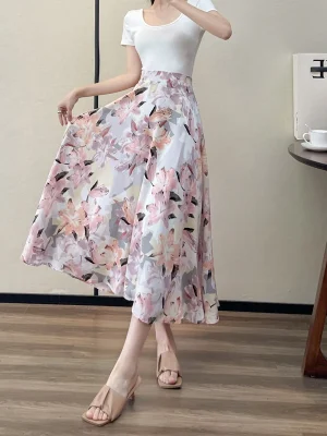 Floral Printed Chiffon Midi Skirt –...