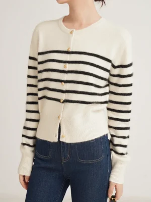 Striped Round Neck Cardigan with Meta...