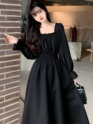 Elegant Black Square Collar Dress