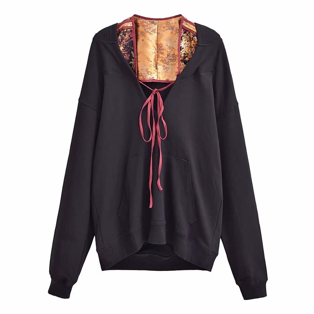 Fashionable V-Neck Lace-Up Long Sleeve Sweatshirt