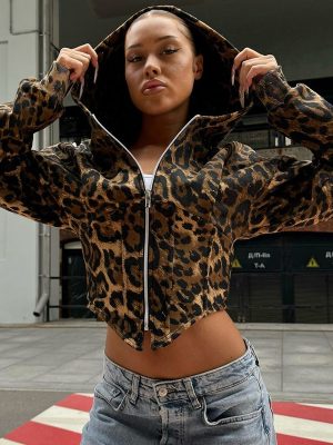 Women’s Retro Leopard Print Zip-Up Hoodie