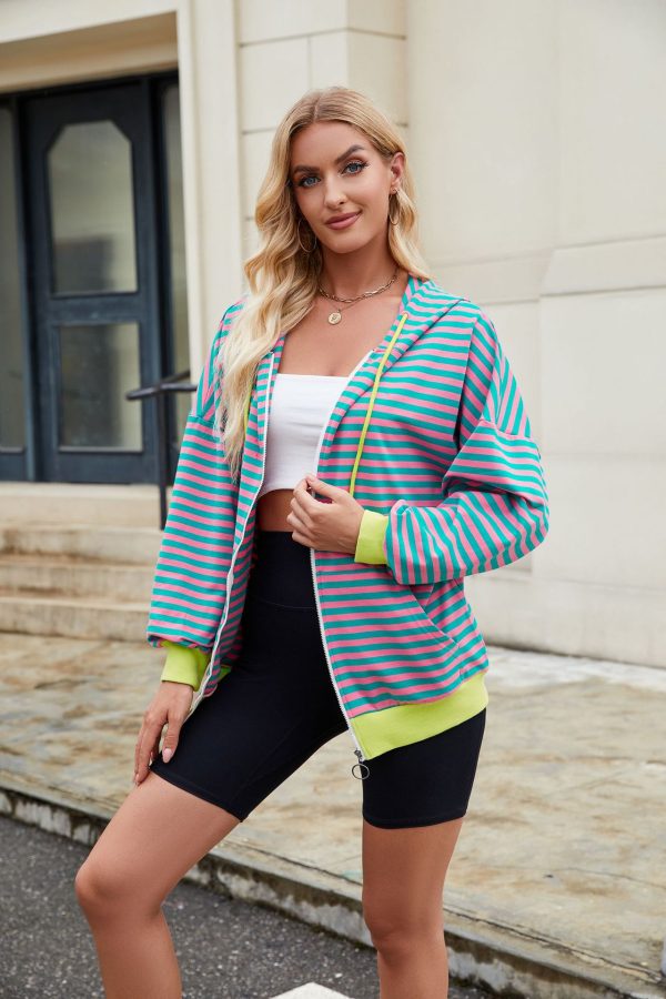 Striped Color Contrast Hooded Sweater - Image 2