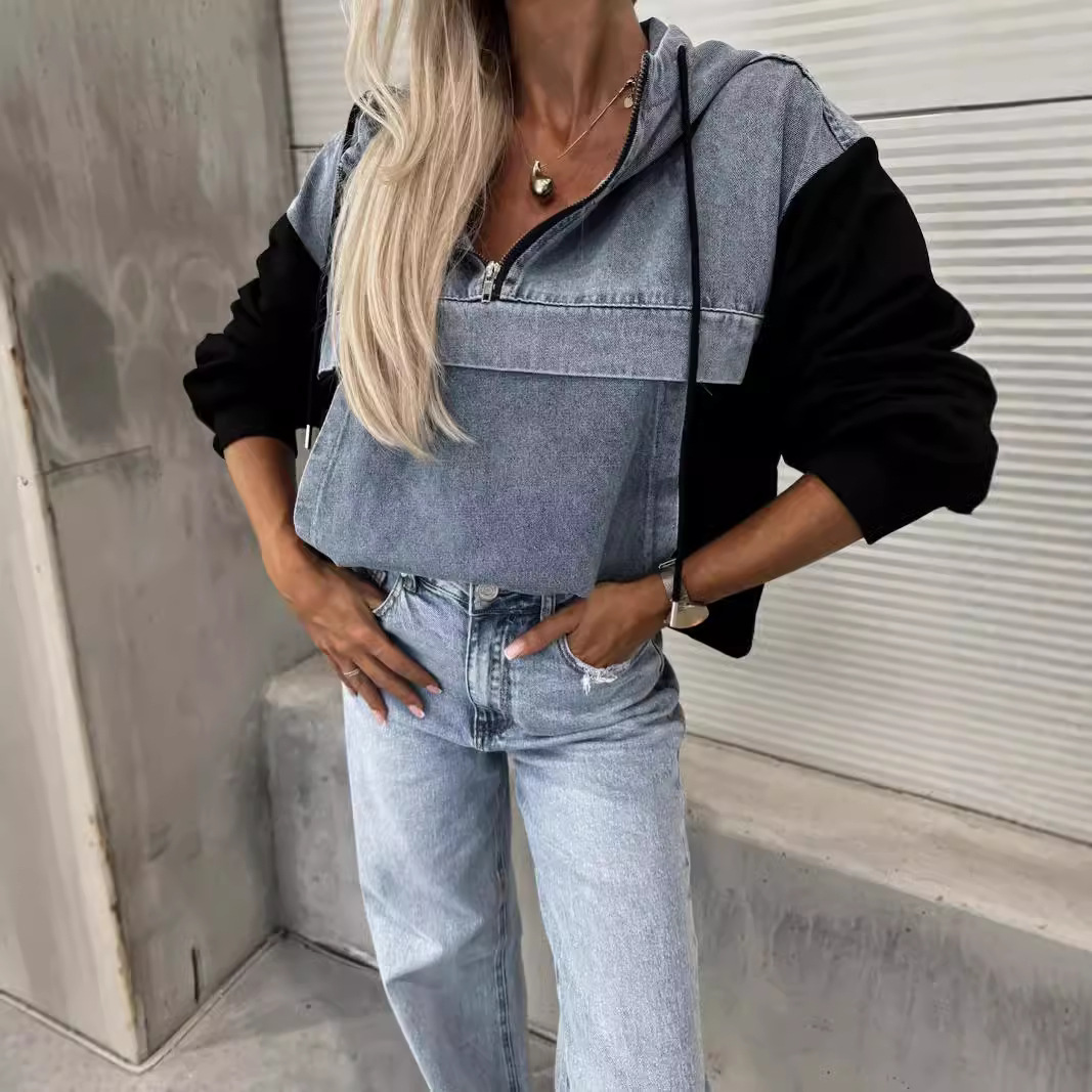 Loose Denim Stitching Hooded Sweater