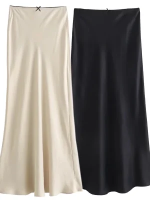 Satin Midi Skirt – High Waist, ...