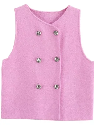 Pink Knit Vest – O-Neck, Sleeveless...