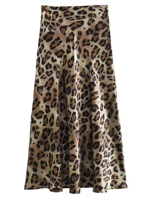 Leopard Print Midi Skirt – Satin, H...