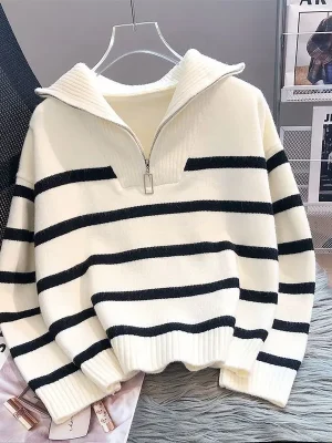 Striped Zip-Up Sweater – Short Styl...