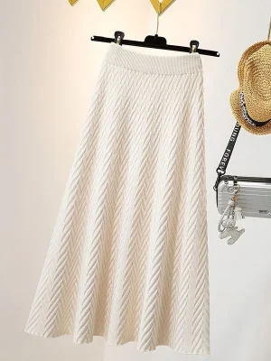 High-Waist A-Line Knit Skirt – Mid-...