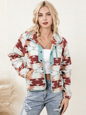 Color Matching Geometric Fleece Jacke...