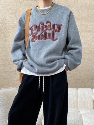 Letter Graphic Embroidered Fleece Pullover