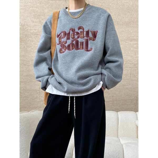 Letter Graphic Embroidered Fleece Pullover