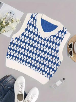 Preppy V-Neck Plaid Knit Vest