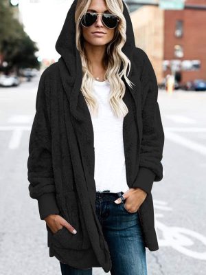 Solid Color Hooded Fluff Cardigan