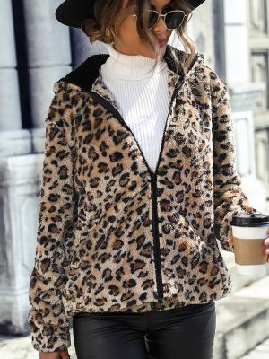 Leopard Print Hooded Plush Jacket