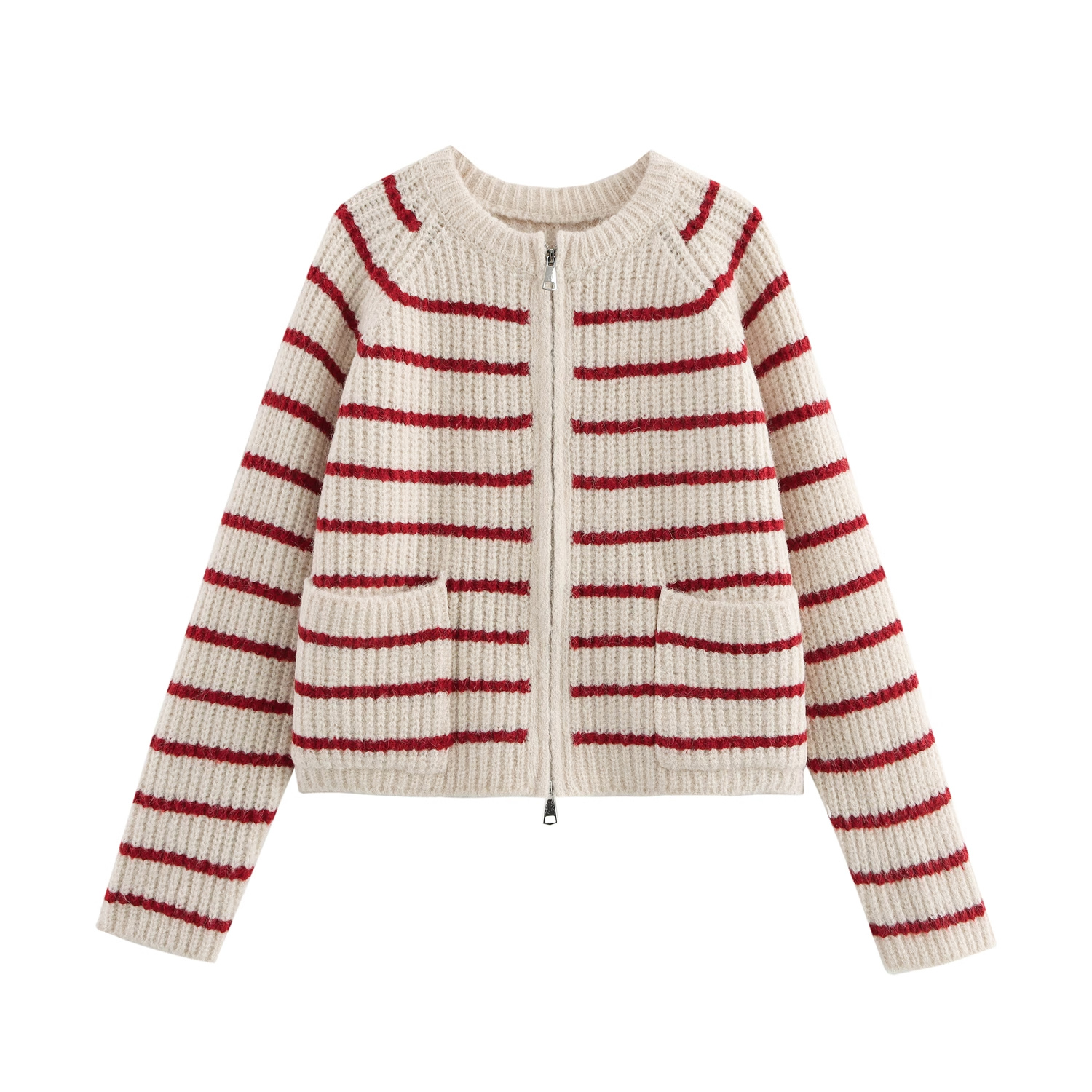 Contrast Color Zipper Wool Cardigan