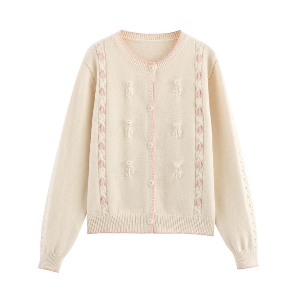 3D Flower Contrast Knit Cardigan