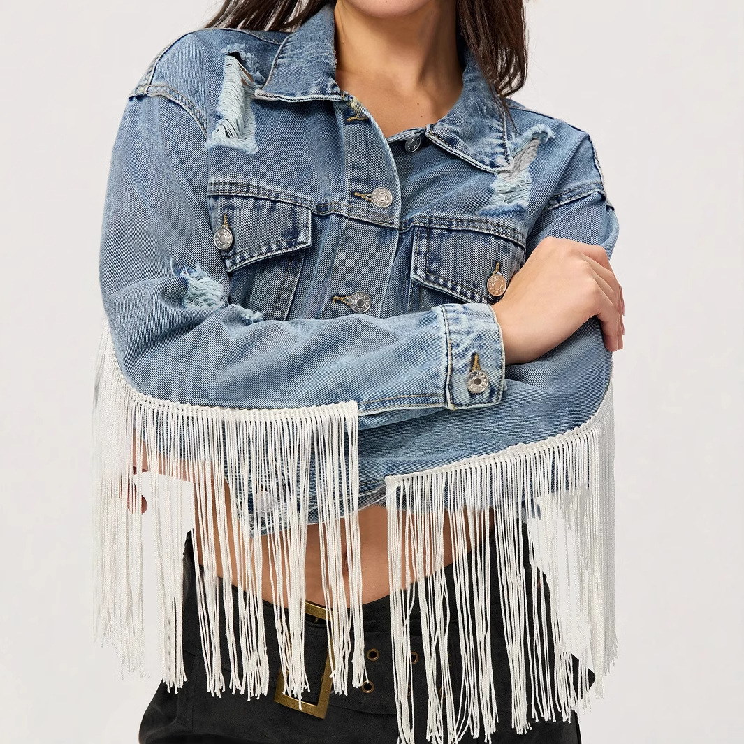 Women’s Tassel Ripped Denim Coa...